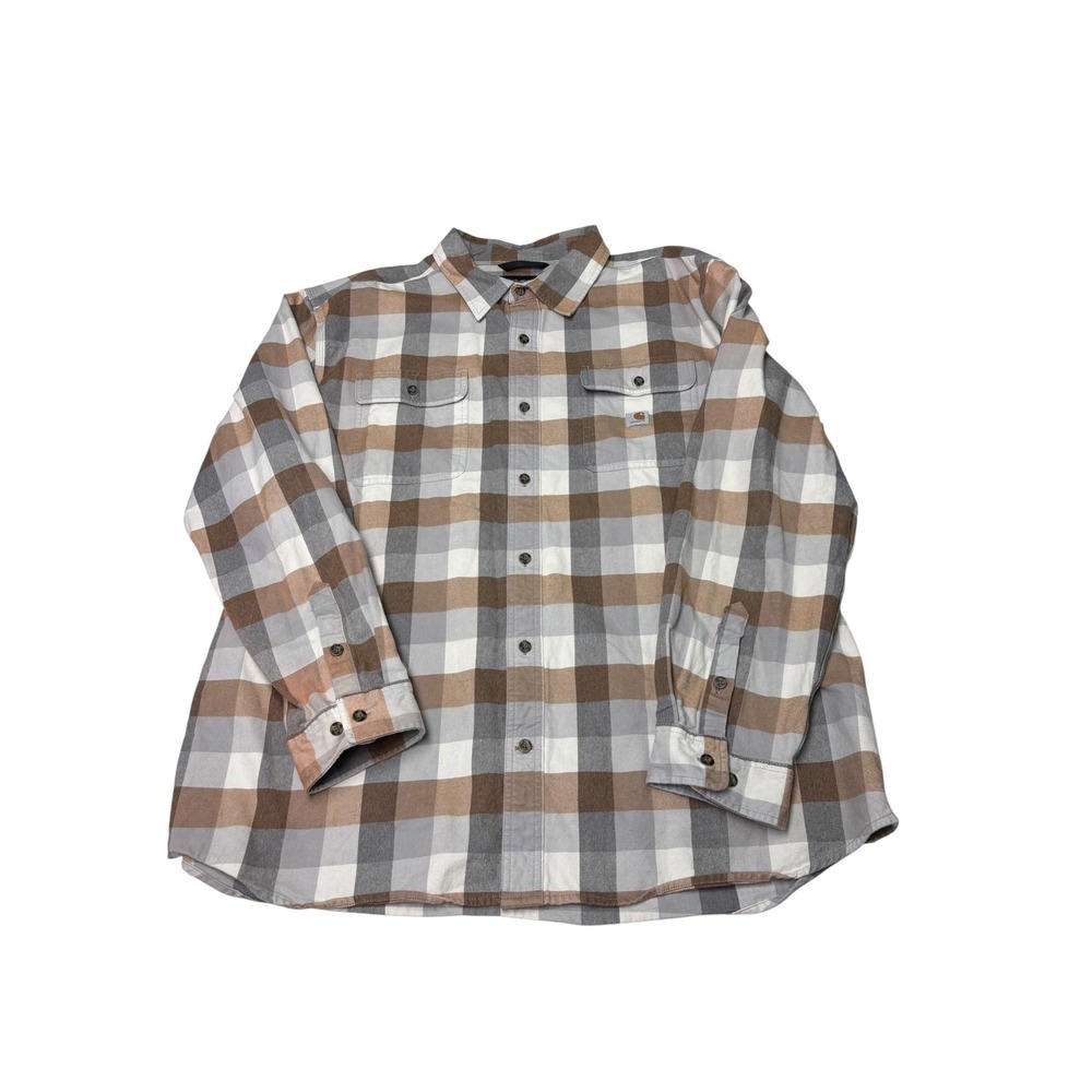 Carhartt Mens 2XL Loose Fit Plaid Flannel‎ Button Down Shirt Brown Grey 105078